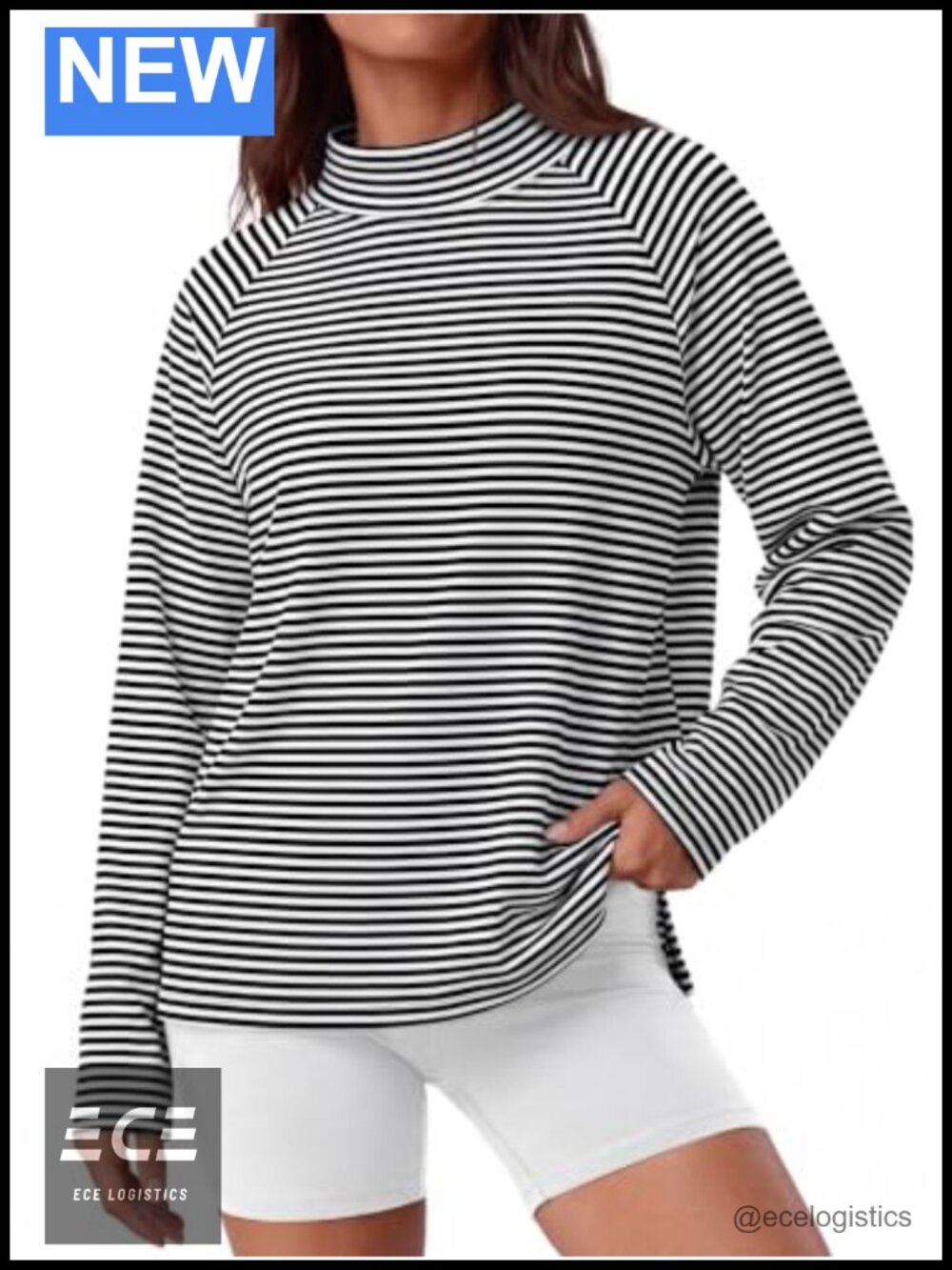 Women's Mock Neck Long Sleeve Striped Top Oversized Drop Shoulder Fall Tee